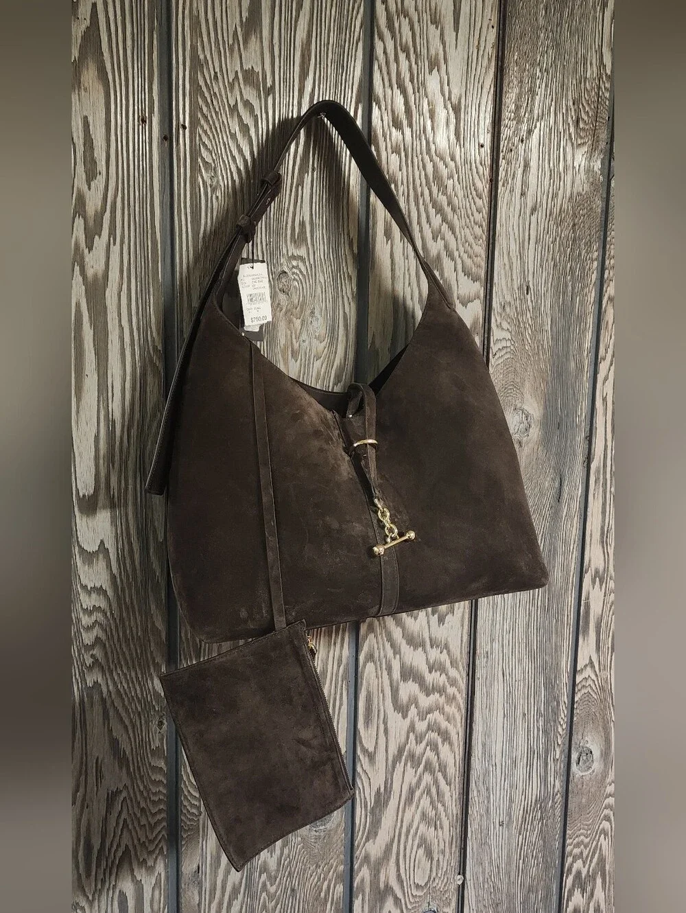 Strathberry Dark Brown Suede Hobo Bag with Detachable Pouch